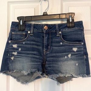 American Eagle Midi-Rise “Next Level Stretch” Shorts: Lightly-Distressed, Sz 4.